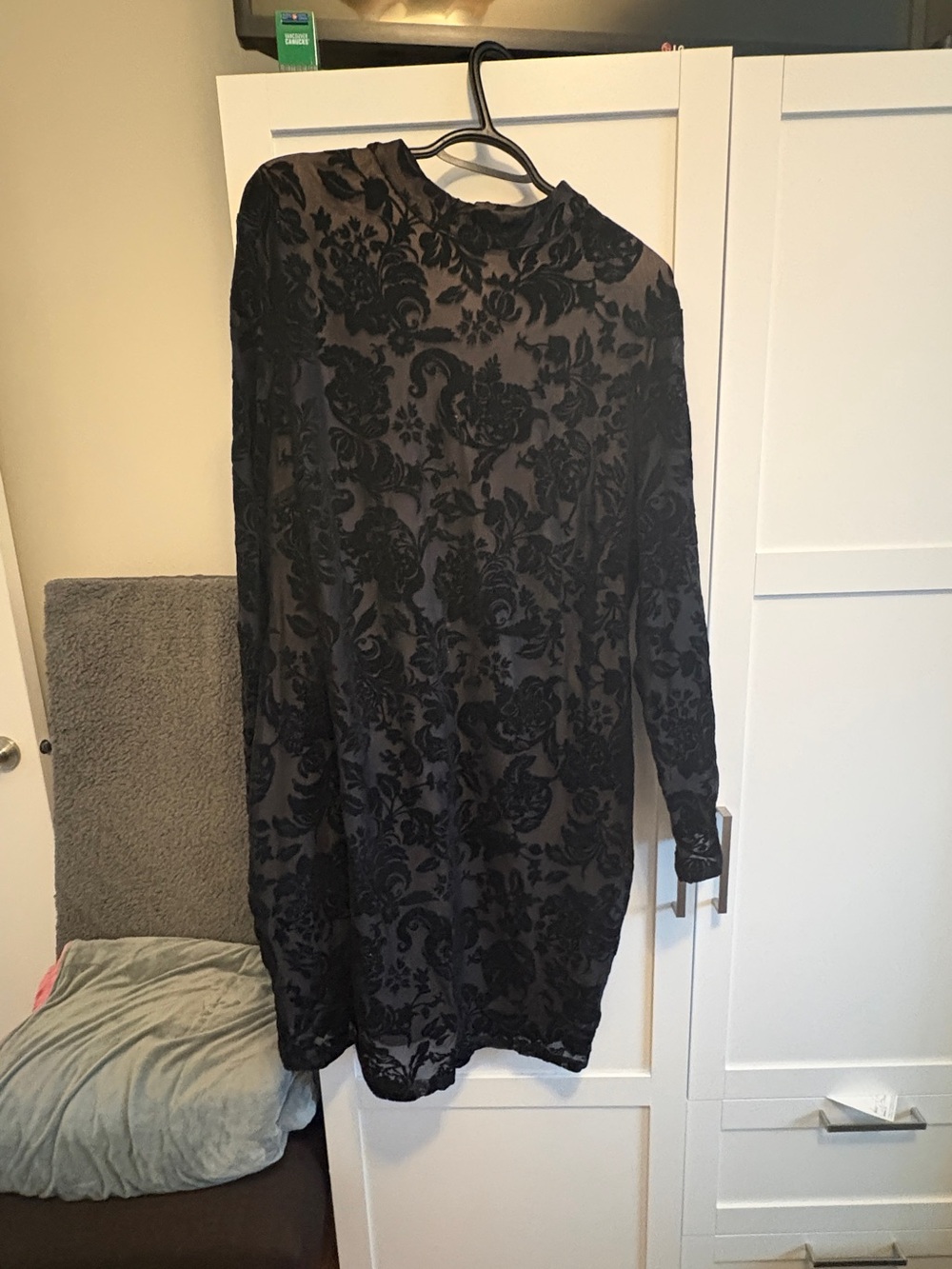 SHEIN Black Floral Burnout Sheer Long Sleeve Dress